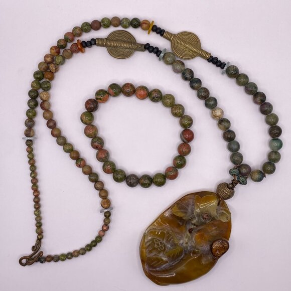 Handmade Carved Jade Beaded Necklace w/ Matching Unakite Bracelet, #403 - Picture 1 of 13